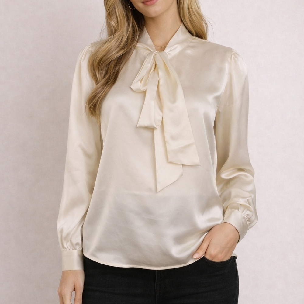 FAITH & JOY Ivory Satin Blouse with Bow Detail
